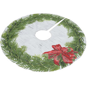 Jupon De Sapin En Polyester Brossé Serre de Noël Avec Bow rouge sur bouleau