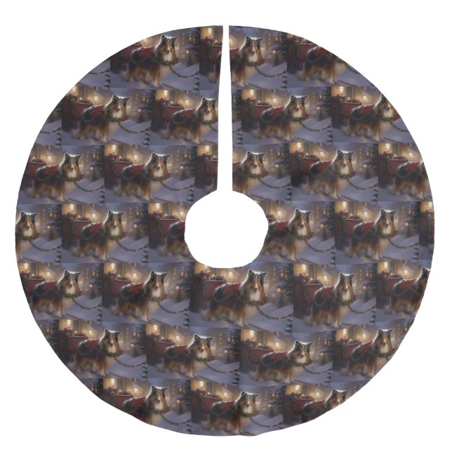 Jupon De Sapin En Polyester Brossé Sheltie Saison des Fêtes de Noël (Devant)