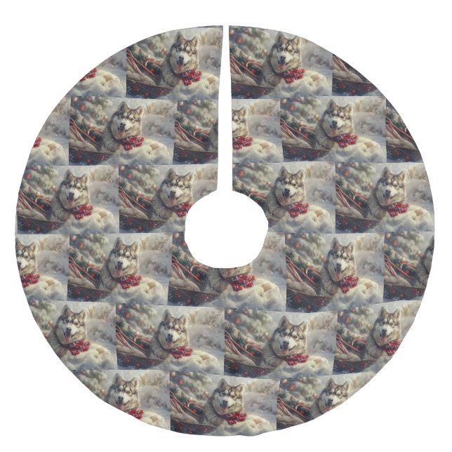 Jupon De Sapin En Polyester Brossé Sibérie Husky Chien Festif de Noël (Devant)