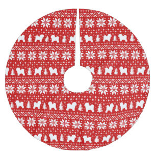 Jupon De Sapin En Polyester Brossé Silhouettes de Bichon Frise Motif de Noël Rouge
