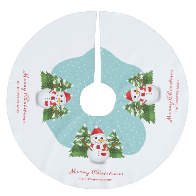Jupon De Sapin En Polyester Brossé Snowman Custom Nom de famille Joyeux Noël (Devant)