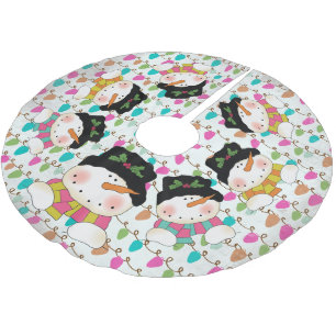Jupon De Sapin En Polyester Brossé Snowmen d'hiver et jupe d'arbre aux lumières color