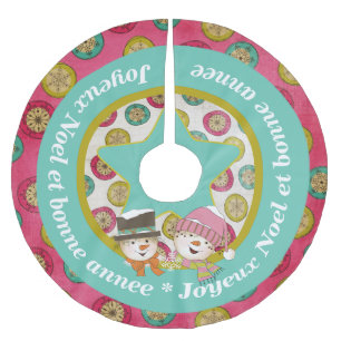 Jupon De Sapin En Polyester Brossé Snowmen Joyeux Noel 2 Jupe d'arbre de vacances