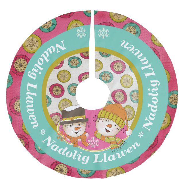 Jupon De Sapin En Polyester Brossé Snowmen Nadolig Llawen Jupe d'arbre de Noël (Devant)