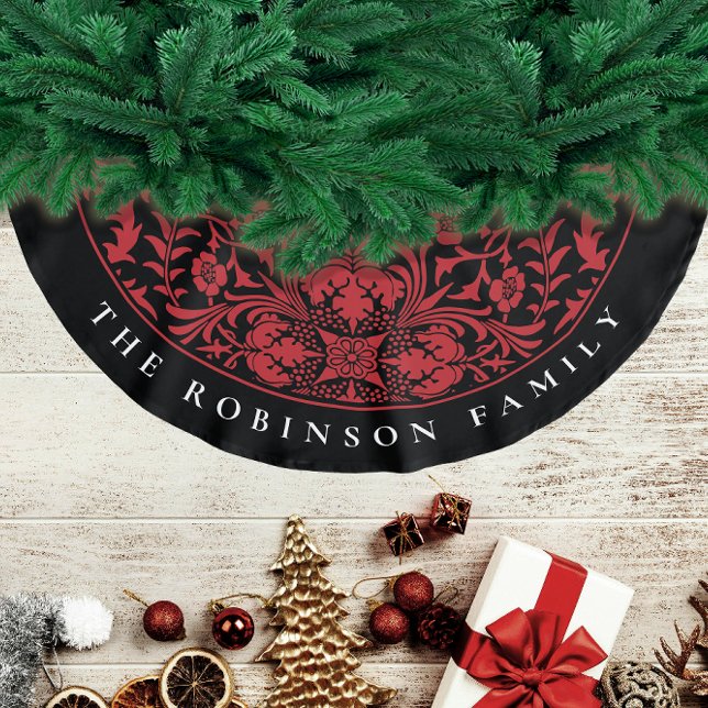 Jupon De Sapin En Polyester Brossé Style Retro Noir Rouge Noël Motif Floral (Créateur téléchargé)