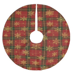 Jupon De Sapin En Polyester Brossé Tartan Rouge Classique avec Flocons de Neige Dorés