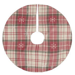 Jupon De Sapin En Polyester Brossé Tartan Rouge et Émeraude pour Noël