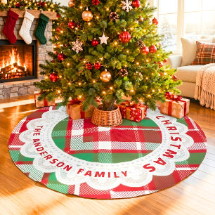 Jupon De Sapin En Polyester Brossé Tartan Rouge Vert Dentelle Noël Nom de Famille