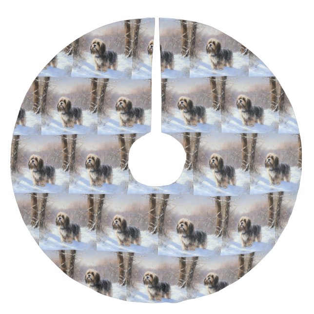 Jupon De Sapin En Polyester Brossé Terrier Tibétain Laissons Il Neige Noël (Devant)