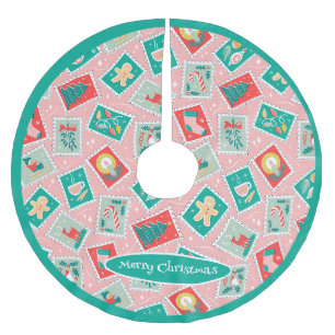 Jupon De Sapin En Polyester Brossé Timbres postés de Noël rétro
