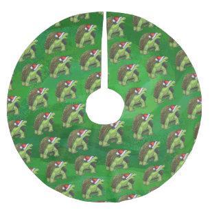 Jupon De Sapin En Polyester Brossé Tortue à Santa Chapeau sur Vert