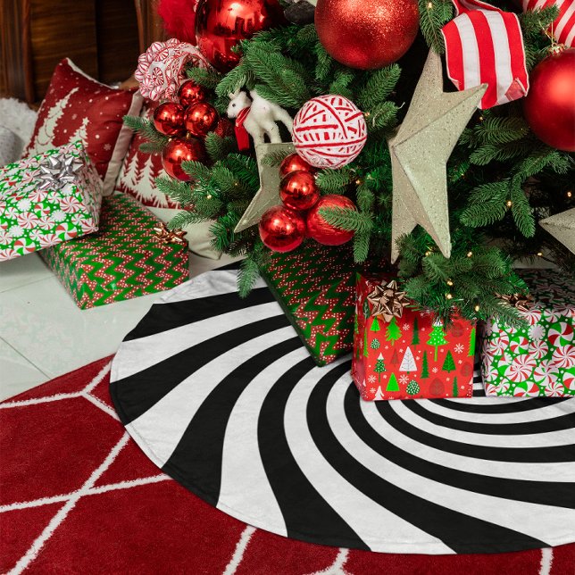 Jupon De Sapin En Polyester Brossé Twirl Starburst blanc et noir (White and Black Starburst Twirl Brushed Polyester Tree Skirt)