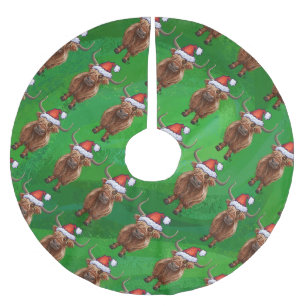 Jupon De Sapin En Polyester Brossé Vache Highland à Santa Hat Motif sur vert