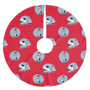 Jupon De Sapin En Polyester Brossé Vaches de Noël avec chapeaux de Père Noël