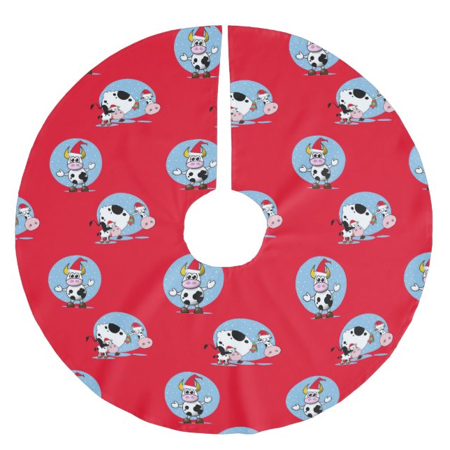 Jupon De Sapin En Polyester Brossé Vaches de Noël avec chapeaux de Père Noël (Devant)