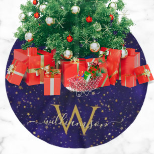 Jupon De Sapin En Polyester Brossé Velours élégant bleu marine étoiles dorées Monogra