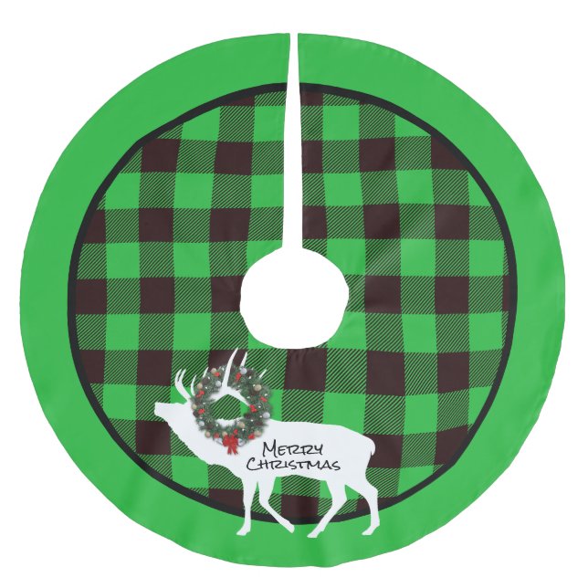 Jupon De Sapin En Polyester Brossé Vert Buffalo Plaid Elk Silhouette Wreath Custom (Devant)