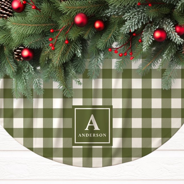 Jupon De Sapin En Polyester Brossé Vert olive et gingham à carreaux blanc monogrammé (Créateur téléchargé)
