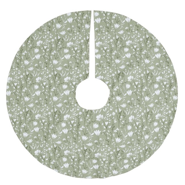 Jupon De Sapin En Polyester Brossé Vert sauge et fleurs blanches Noël Fêtes (Devant)