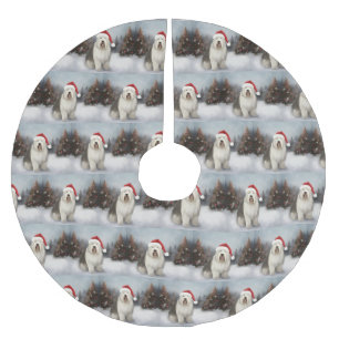 Jupon De Sapin En Polyester Brossé Vieux chien de berger anglais à Noël sous la neige