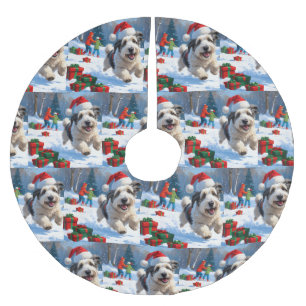 Jupon De Sapin En Polyester Brossé Vieux Chien de Berger Anglais courant dans la neig