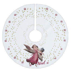 Jupon De Sapin En Polyester Brossé Vintage Angel Blanc Or Noel Noël