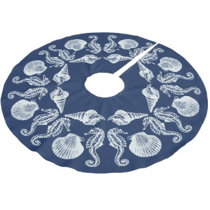 Jupon De Sapin En Polyester Brossé Vintage Beach Cottage Coquillages Blanc Bleu Bross