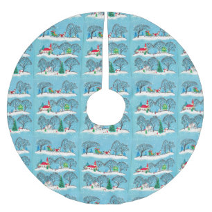 Jupon De Sapin En Polyester Brossé Vintage Christmas Red Church Horse et Sleigh