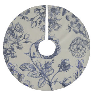 Jupon De Sapin En Polyester Brossé Vintage motif floral botanique toile de Jouy bleu 