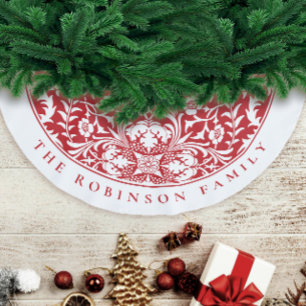 Jupon De Sapin En Polyester Brossé Vintage Style Rouge Blanc Noël Motif Floral