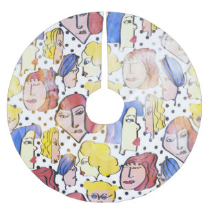 Jupon De Sapin En Polyester Brossé Visages de femme Abstraite, pois d'aquarelle.