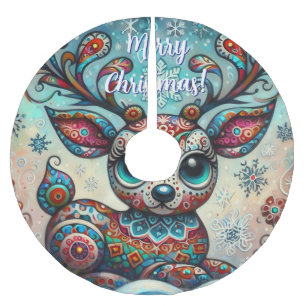 Jupon De Sapin En Polyester Brossé Whimsical Big Eyes Noël Reindeer saisonnier