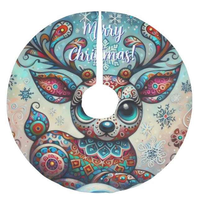 Jupon De Sapin En Polyester Brossé Whimsical Big Eyes Noël Reindeer saisonnier (Devant)