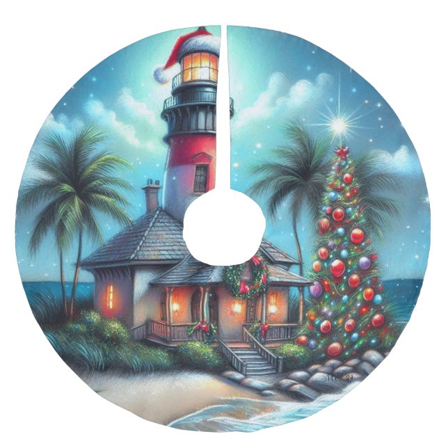 Jupon De Sapin En Polyester Brossé Whimsical Tropical Christmas Lighthouse Turquoise  (Devant)