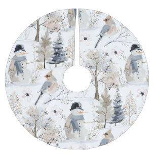 Jupon De Sapin En Polyester Brossé Winter Wonderland Snowman et Bird Motif