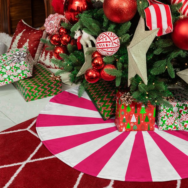 Jupon De Sapin Imitation Lin Bright rose et blanc rayures de Starburst (Bright Pink and White Starburst Stripes Faux Linen Tree Skirt)