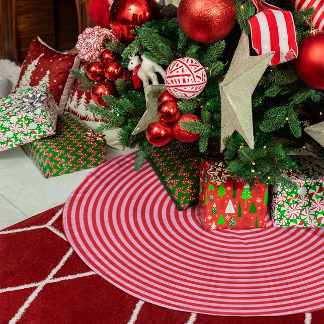 Jupon De Sapin Imitation Lin Cercles concentriques rouge vif et rose clair (Bright Red and Light Pink Concentric Circles Faux Linen Tree Skirt)