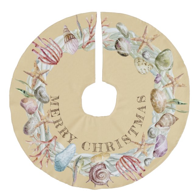 Jupon De Sapin Imitation Lin Coquillages de plage côtière tropicale Joyeux Noël (Devant)