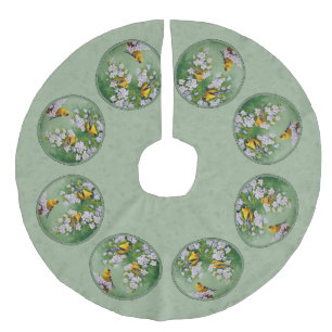 Jupon De Sapin Imitation Lin Goldfinch Birds and Flowers Green