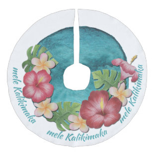 Jupon De Sapin Imitation Lin Mele tropicale Kalikimaka Turquoise Noël blanc