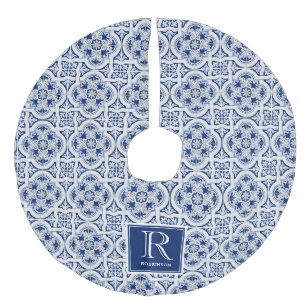 Jupon De Sapin Imitation Lin Motif de carreaux italiens bleus, monogramme