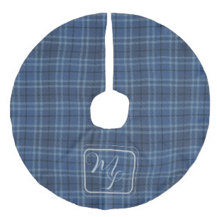 Jupon De Sapin Imitation Lin Tartan à carreaux bleu Monogramme Noël traditionne