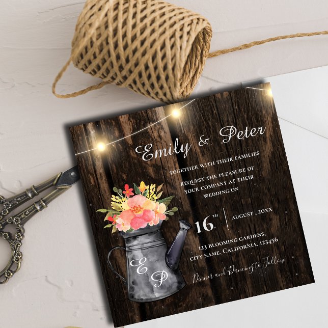 Jus de bois rustique Mariage d'aquarelle orange (Rustic Wood Jug Orange Watercolor Floral Wedding Invitation)