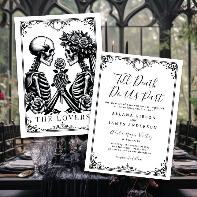 Jusqu'à la mort faisons-nous partie Faire-part de  (Mockup of gothic wedding invitation and tarot card "The Lovers".)