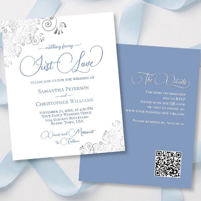 Just Love Blue QR Code BUDGET Mariage Inviter (front/back)