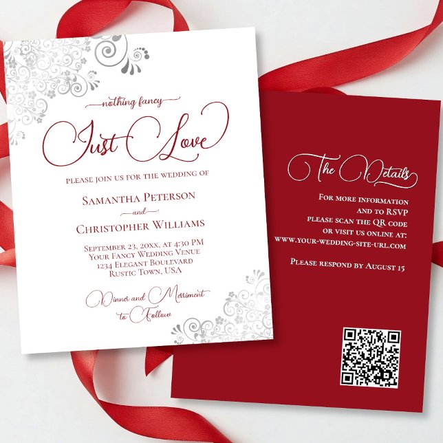 Just Love Red Silver QR Code BUDGET Mariage Invite (front/back)