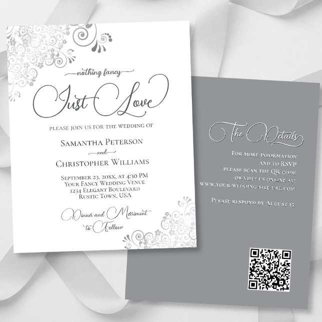 Just Love Silver QR Code BUDGET Mariage Inviter (Front/Back)