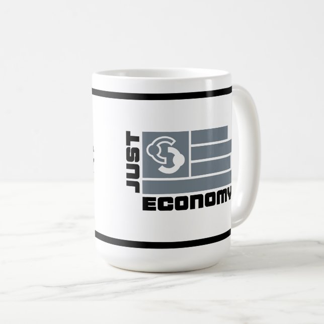 Juste Economie Café Mug gris et noir (Devant droit)