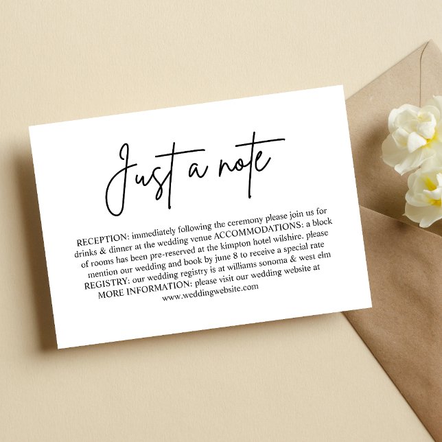 Juste un mot Carte supplémentaire avec détails min (Minimal enclosure card shares wedding details with a simple, elegant “just a note” touch.)