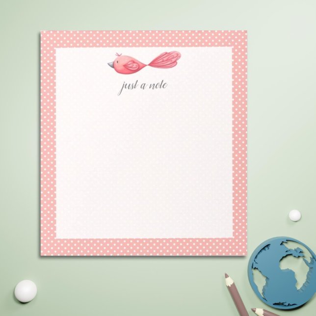 Juste une note Pink White Polka Dot Bird Bloc-note (Cute Pink Bird Notepad for Teachers and Back to School)